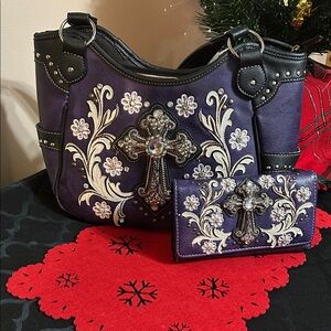 Embroidered Purple Handbag and Wallet Set